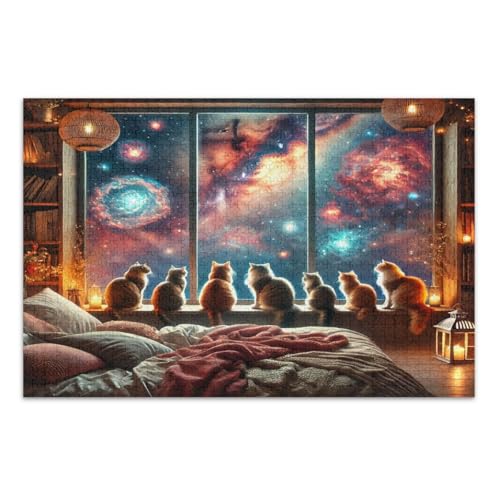 500 Teile Puzzle für Erwachsene, Cozy Cats Cosmic Night Sky Funny Puzzles Wunderbare Puzzle Geschenke für Frauen Männer, Fertige Größe 20,5 x 14,9 Zoll von CHIFIGNO