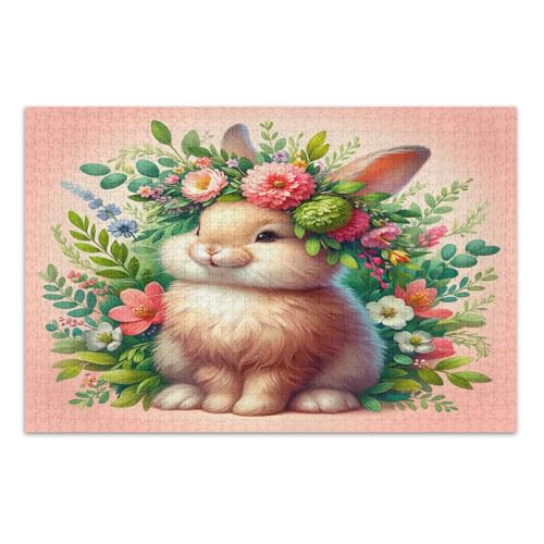 500 Teile Puzzle für Erwachsene, Frohe Ostern Hase mit Blumen Familienpuzzle Herausfordernde Familienaktivität, Fertige Größe 20,5 x 14,9 Zoll von CHIFIGNO