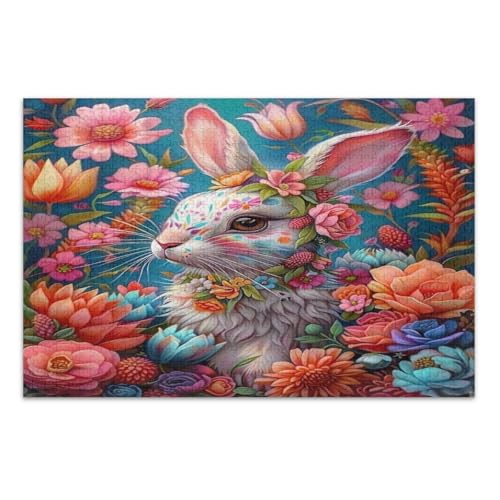 500 Teile Puzzles, Osterhase mit Blumen, cooles Puzzles, lustiges Spiel für Männer und Frauen, fertige Größe 20,5 x 14,9 Zoll von CHIFIGNO