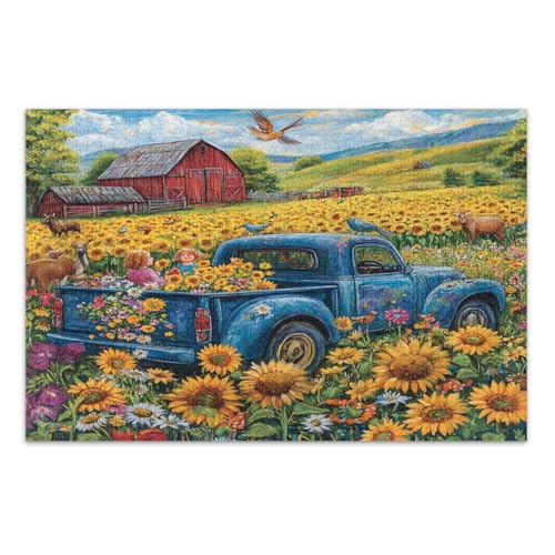 500 Teile Puzzles, Vintage Sonnenblumen Feld Blue Truck Family Puzzles Herausfordernde Familienaktivität, Fertige Größe 20,5 x 14,9 Zoll von CHIFIGNO