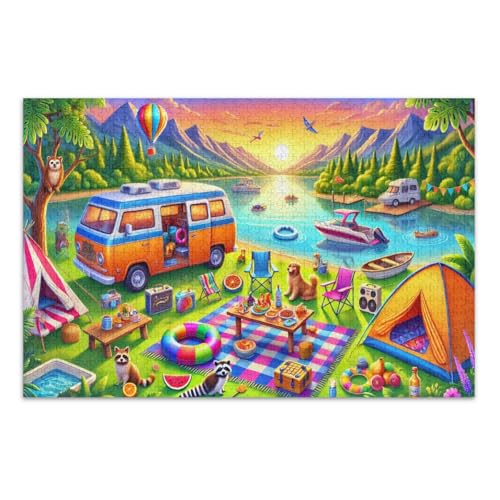 500 Teile Puzzles, lebendiges Campingabenteuer am See, lustiges Puzzle, herausforderndes Puzzle für Spielabende, fertige Größe 50,5 x 37,9 cm von CHIFIGNO