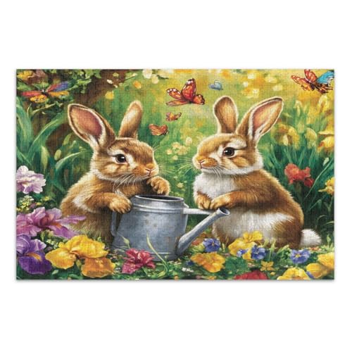 500 Teile Puzzles für Erwachsene, Kaninchen Frühling Blumen Schmetterlinge Familie Puzzle Spaß Spiel für Männer Frauen, Fertige Größe 20,5 x 14,9 Zoll von CHIFIGNO