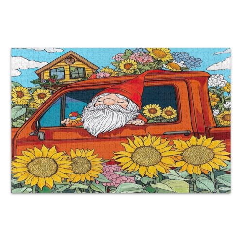 500-teiliges Puzzle, roter LKW, Herbstwichtel, Sonnenblumen, lustige Puzzles, weißer Elefant, Geschenkideen, fertige Größe 50,5 x 37,9 cm von CHIFIGNO