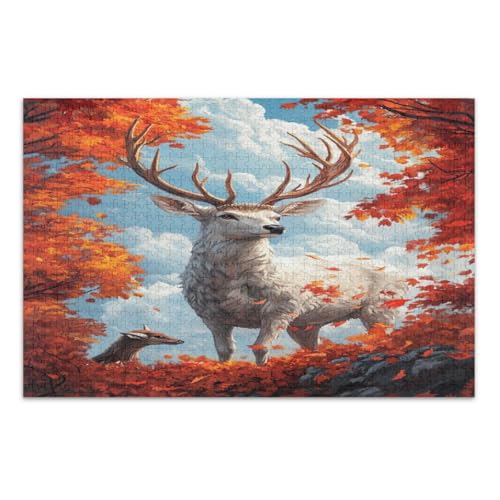 500-teiliges Puzzle, schöne Hirsch-Herbstblätter, coole Puzzles, lustige und farbenfrohe Kunstwerke, Heimdekoration, fertige Größe 50,5 x 37,8 cm von CHIFIGNO