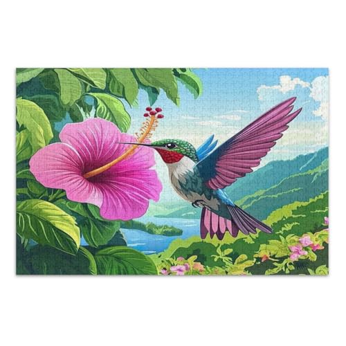 500-teiliges Puzzle, schöne Kolibri-Puzzle, tropische Blumen, Familienpuzzle, lustige und farbenfrohe Kunstwerke, Heimdekoration, fertige Größe 50,5 x 37,8 cm von CHIFIGNO