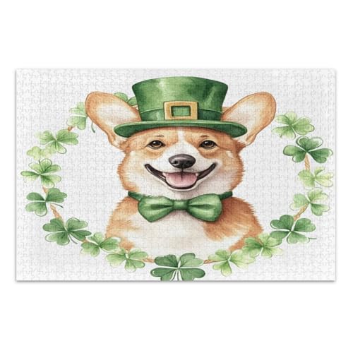 500-teiliges Puzzle für Erwachsene, Aquarell Kleeblatt St. Patrick's Day Hund Familie Puzzle Herausforderndes Puzzle für Spielabende, fertige Größe 50,5 x 37,9 cm von CHIFIGNO