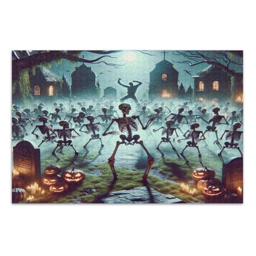 500-teiliges Puzzle für Erwachsene, Halloween, coole tanzende Skelette, Familienpuzzle, lustige und farbenfrohe Kunstwerke, Heimdekoration, fertige Größe 50,5 x 37,9 cm von CHIFIGNO