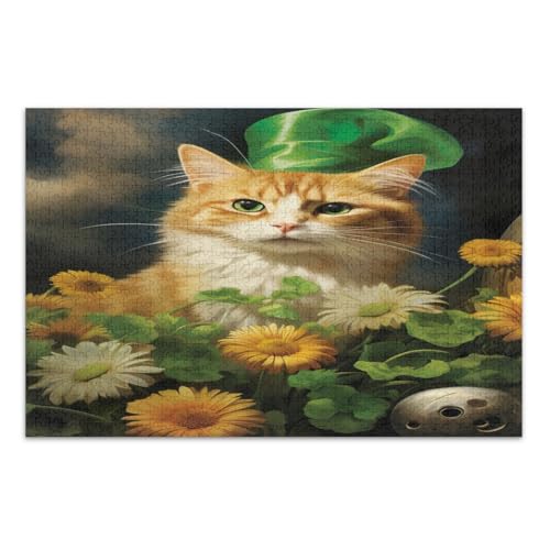 500-teiliges Puzzle für Erwachsene, St. Patrick's Day Katze mit Sonnenblumen, einzigartige Puzzles zum Schulabschluss oder Geburtstag, fertige Größe 50,5 x 37,9 cm von CHIFIGNO