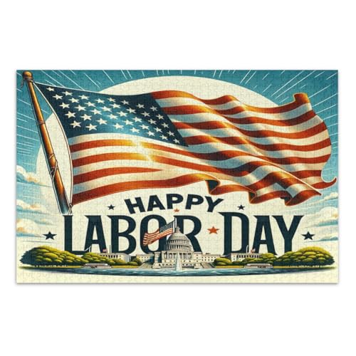 500-teiliges Puzzle für Erwachsene, amerikanische Flagge, Happy Labor Day, coole Puzzles, lustige und farbenfrohe Kunstwerke, fertige Größe 50,5 x 37,8 cm von CHIFIGNO