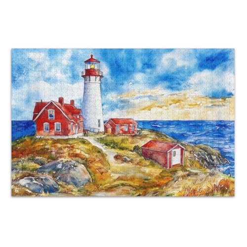 Aquarell-Leuchtturm-Puzzles für Erwachsene, 500 Teile, coole Puzzles, wunderbare Puzzle-Geschenke für Frauen und Männer, fertige Größe 50,5 x 37,9 cm von CHIFIGNO