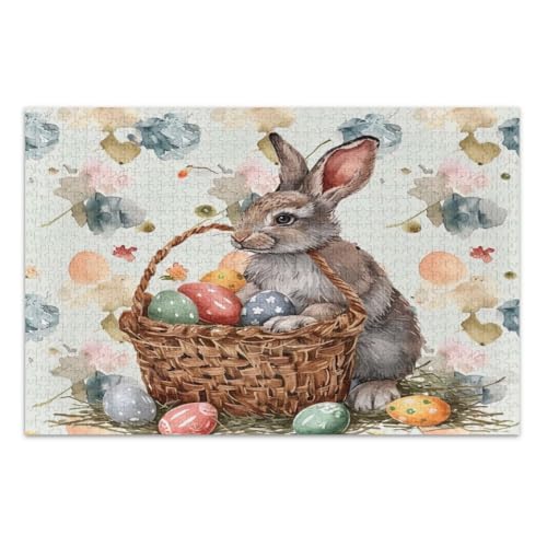 Aquarell-Osterhase mit Eiern, Puzzle, 1000 Teile, Familienpuzzle, lustiges und farbenfrohes Kunstwerk, Heimdekoration, fertige Größe 75 x 50 cm von CHIFIGNO