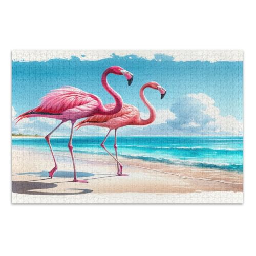 Aquarell Pink Flamingos Teal Beach Jigsaw Puzzle 500 Teile Coole Puzzles Herausforderndes Puzzle für Spielabende, fertige Größe 50,5 x 37,9 cm von CHIFIGNO