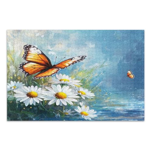 Aquarell Schmetterling Weiß Gänseblümchen Blumen Puzzle 500 Teile Erwachsene Cool Puzzles Spaß Spiel für Männer Frauen Fertige Größe 50,5 x 37,9 cm von CHIFIGNO