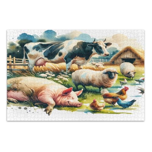 Bauernhoftiere Kuh Schwein Hahn Puzzles 500 Teile für Erwachsene Pädagogisches Intellektuelles Puzzle Lustiges Puzzle, Fertige Größe 20,5 x 14,9 Zoll von CHIFIGNO