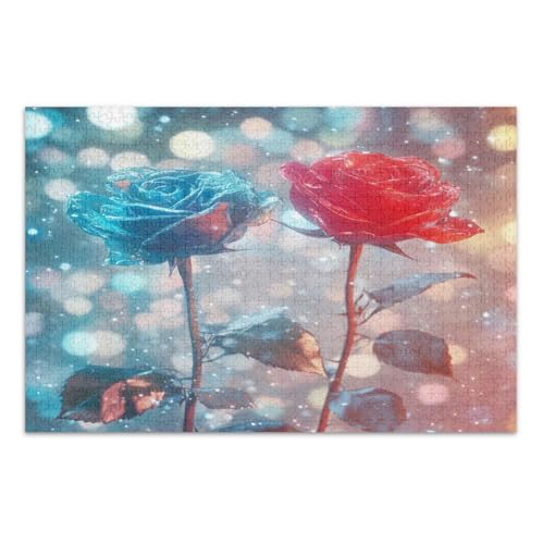 Blau Rot Rose Blumen Puzzles 500 Teile für Erwachsene Unterhaltung Spielzeug Geburtstagsgeschenk Familie Puzzles, Fertige Größe 20,5 x 14,9 Zoll von CHIFIGNO