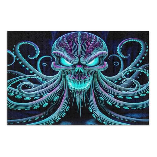 Blau-violettes Neon-Totenkopf-Puzzle mit bösen Augen, 500 Teile, lustiges und farbenfrohes Kunstwerk, Heimdekoration, einzigartige Puzzles, fertige Größe 50,5 x 37,8 cm von CHIFIGNO