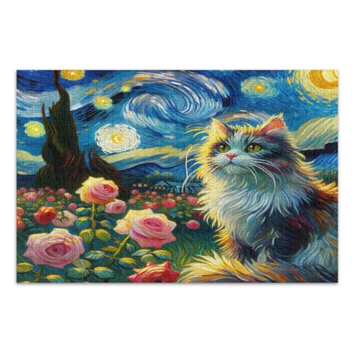 Blaue Sternennacht, Katzenrosen, Puzzle, 1000 Teile, einzigartige Puzzles, lustige und farbenfrohe Kunstwerke, fertige Größe 75 x 50 cm von CHIFIGNO