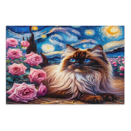 Blaue Sternennacht niedliche Katzenrosen 1000 Teile Puzzles, schwierige Puzzles herausfordernde Familienaktivität, fertige Größe 29,5 x 19,7 Zoll von CHIFIGNO