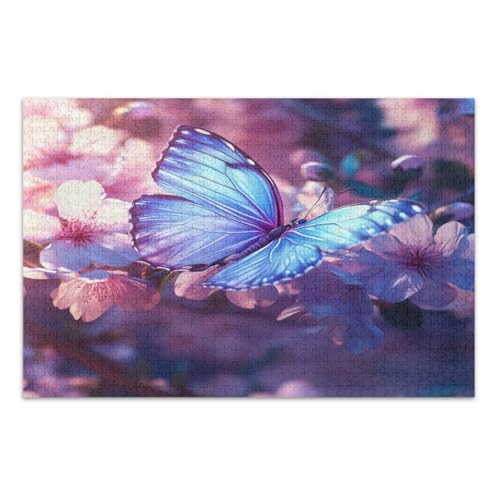 Blue Butterfly Pink Cherry Blossom Flowers Jigsaw Puzzles 500 Pieces Cool Puzzles Fun Game for Men Women, Finished Size 20.5 x 14.9 Inches von CHIFIGNO