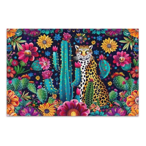 Bunte Blumen Kaktus Leopard Puzzle für Erwachsene, 500 Teile, lustiges Puzzle, herausfordernde Familienaktivität, fertige Größe 50,5 x 37,9 cm von CHIFIGNO