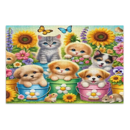 Bunte Blumen Schmetterlinge niedliche Katze Hund Puzzles 500 Teile für Erwachsene herausforderndes Puzzle für Spielabende Familienpuzzle, fertige Größe 50,5 x 37,9 cm von CHIFIGNO