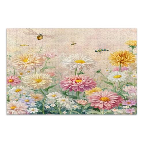 Bunte Chrysanthemen Gänseblümchen Libellen-Puzzle, 1000 Teile für Erwachsene, tolle Geschenkidee für Feiertage, lustige Puzzles, fertige Größe 75 x 50 cm von CHIFIGNO