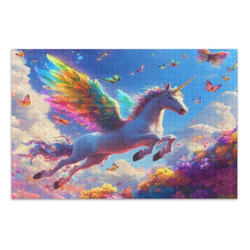 Bunte Einhorn-Puzzles mit Blumenmuster, 1000 Teile für Erwachsene, coole Puzzles mit weißem Elefant, Geschenkideen, fertige Größe 75 x 50 cm von CHIFIGNO