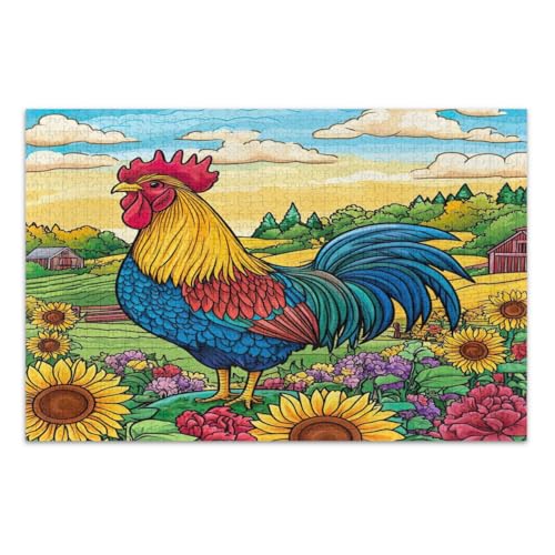 Bunte Hahn-Puzzle, niedliche Blumen, 1000 Teile, coole Puzzles, weißer Elefant, Geschenkideen, fertige Größe 75 x 50 cm von CHIFIGNO