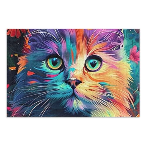 Bunte Katzenblumen, Puzzle, 500 Teile, einzigartige Puzzles, weißer Elefant, Geschenkideen, fertige Größe 50,5 x 37,8 cm von CHIFIGNO