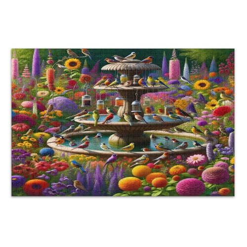 Bunte blühende Blumen Vögel Brunnen Puzzles für Erwachsene 1000 Teile pädagogisches intellektuelles Puzzle Familienpuzzle, fertige Größe 75 x 50 cm von CHIFIGNO