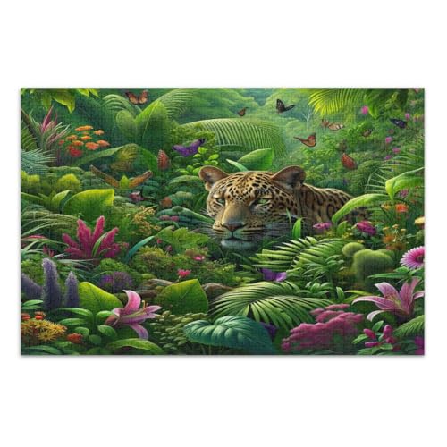 Bunte tropische Blumen, Leoparden-Puzzle, 500 Teile, coole Puzzles, anspruchsvolle Familienaktivitäten, fertige Größe 50,5 x 37,9 cm von CHIFIGNO