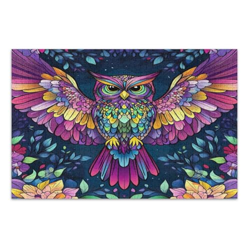 Buntes Mandala-Eulen-Boho-Feder-Puzzle, 500 Teile, Familien-Puzzle, lustiges Spiel für Männer und Frauen, fertige Größe 50,5 x 37,9 cm von CHIFIGNO