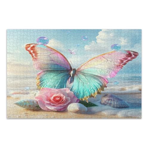 Buntes Strand-Puzzle, Schmetterling, rosa Rosen, 1000 Teile, Familienpuzzle, weißer Elefant, Geschenkideen, fertige Größe 75 x 50 cm von CHIFIGNO