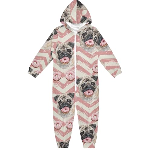 CHIFIGNO Einteiler für Kinder, Einteiler, Jumpsuits, Halloween, Cosplay, Kostüm für Kinder, Mädchen, Jungen, Niedliche Mops mit rosa Donuts, 5-6 Jahre von CHIFIGNO