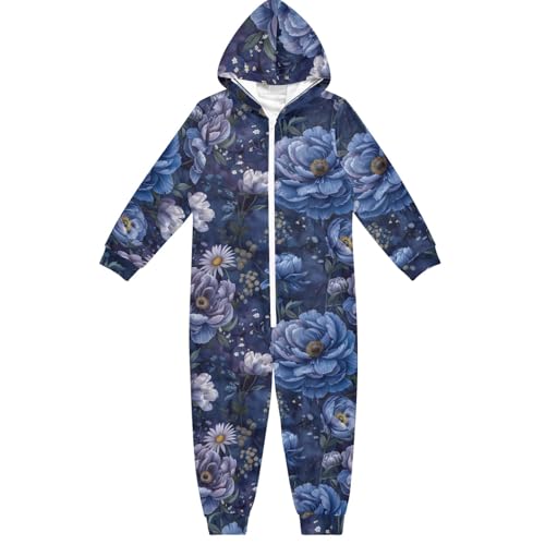 CHIFIGNO Einteiler für Kinder, Kapuzenpullover, Einteiler, Jumpsuits, Party, Cosplay, Kostüm für Mädchen und Jungen, Blaue und violette Pfingstrosen, 12-13 Jahre von CHIFIGNO