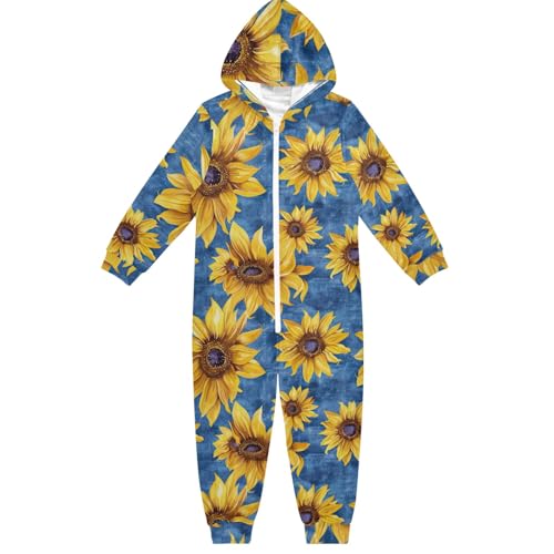 CHIFIGNO Einteiler für Kinder, Kapuzenpullover, Einteiler, Jumpsuits, Party, Cosplay, Kostüm für Mädchen und Jungen, Gelbe Sonnenblumen auf Blau, 9-11 Jahre von CHIFIGNO