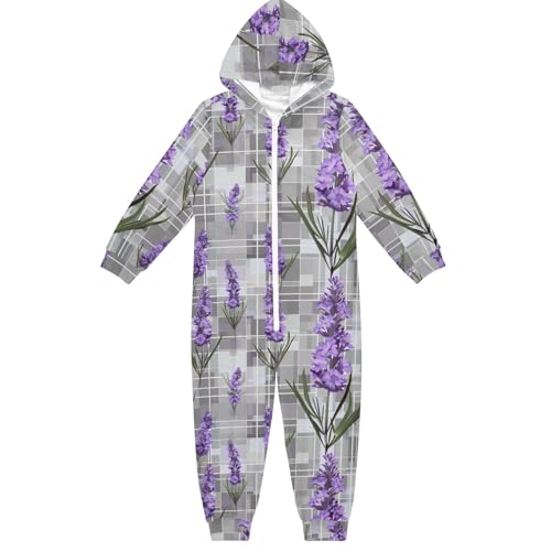 CHIFIGNO Unisex Einteiler Kinder Hoodie Einteiler Jumpsuits Lustig Urlaub Cosplay Kostüm Homewear für Jungen Mädchen, Lavendelblüten, graues Karomuster, 13-14 Jahre von CHIFIGNO