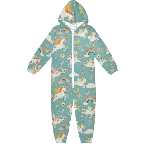 CHIFIGNO Unisex Einteiler Kinder Hoodie Einteiler Jumpsuits Lustig Urlaub Cosplay Kostüm Homewear für Jungen Mädchen, Niedliche Cartoon-Einhörner, 1, 12-13 Jahre von CHIFIGNO