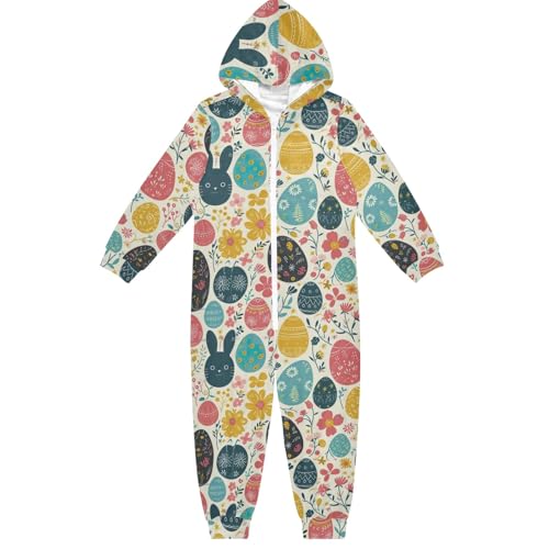 CHIFIGNO Unisex Einteiler Kinder Hoodie Einteiler Jumpsuits Lustig Urlaub Cosplay Kostüm Homewear für Jungen Mädchen, Ostereier, niedliche Blumen, 13-14 Jahre von CHIFIGNO