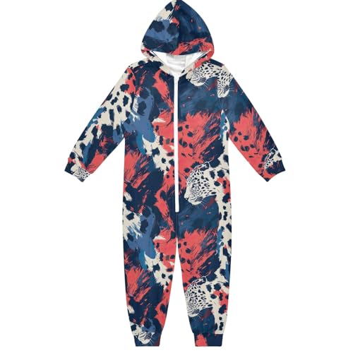 CHIFIGNO Unisex Einteiler Kinder Hoodie Einteiler Jumpsuits Lustig Urlaub Cosplay Kostüm Homewear für Jungen Mädchen, Rot-weiß-blauer Tierdruck, 13-14 Jahre von CHIFIGNO