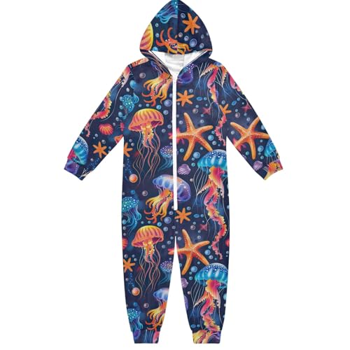 CHIFIGNO Unisex-Einteiler für Kinder, mit Kapuze, lustiges Urlaubs-Cosplay-Kostüm, Homewear für Jungen und Mädchen, Bunte Quallen und Seestern-2, 7-8 Jahre von CHIFIGNO