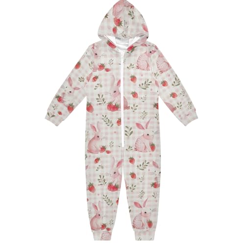 CHIFIGNO Unisex-Kinder-Einteiler, Neuheit mit Kapuze, Cosplay-Einteiler, Kostüm, Outfit, Hauskleidung für Jungen und Mädchen, Niedliche Kaninchen und Erdbeeren, 4 Jahre von CHIFIGNO