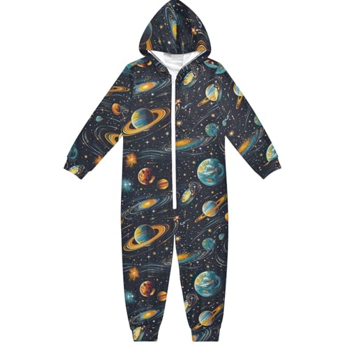 CHIFIGNO Unisex Kinder Einteiler Hoodie Einteiler Jumpsuits Lustig Cosplay Halloween Kostüm für Mädchen Jungen, Cartoon Sonnensystem Galaxie, 12-13 Jahre von CHIFIGNO