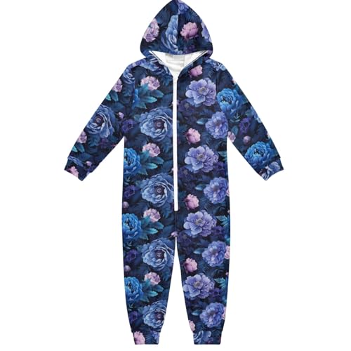 CHIFIGNO Unisex Kinder Einteiler Hoodie Einteiler Jumpsuits Lustig Cosplay Halloween Kostüm für Mädchen Jungen, Dunkelblau-violette Pfingstrosen-1, 4 Jahre von CHIFIGNO