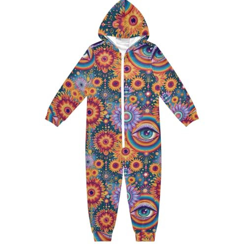 CHIFIGNO Unisex Kinder Einteiler Hoodie Einteiler Jumpsuits Lustig Cosplay Halloween Kostüm für Mädchen Jungen, Psychedelische bunte Retro-Blumen, 12-13 Jahre von CHIFIGNO