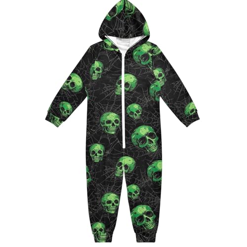 CHIFIGNO Unisex Kinder Einteiler Lustig Hoodie Einteiler Jumpsuits Party Cosplay Kostüm für Jungen und Mädchen, Grüne Totenköpfe, weiße Webs auf Schwarz-2, 7-8 Jahre von CHIFIGNO