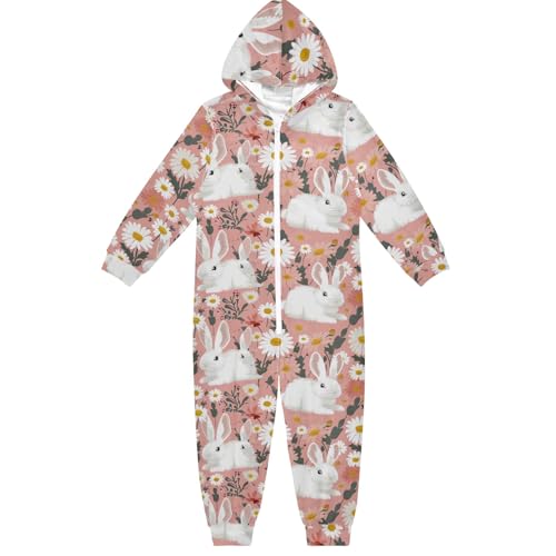 CHIFIGNO Unisex Kinder Einteiler Neuheit Hoodie Einteiler Jumpsuits Cosplay Onesie Kostüm Outfit Anzug für Mädchen Jungen, Niedliche Gänseblümchen und Kaninchen, 7-8 Jahre von CHIFIGNO