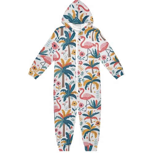 CHIFIGNO Unisex Kinder Einteiler Neuheit Hoodie Einteiler Jumpsuits Cosplay Onesie Kostüm Outfit Anzug für Mädchen Jungen, Rosa Flamingos Tropische Bäume, 9-11 Jahre von CHIFIGNO