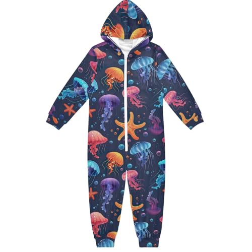 CHIFIGNO Unisex Kinder Kinder Einteiler Lustiger Hoodie Einteiler Jumpsuits Urlaub Cosplay Kostüm für Herbst Winter, Bunte Quallen und Seestern-1, 7-8 Jahre von CHIFIGNO