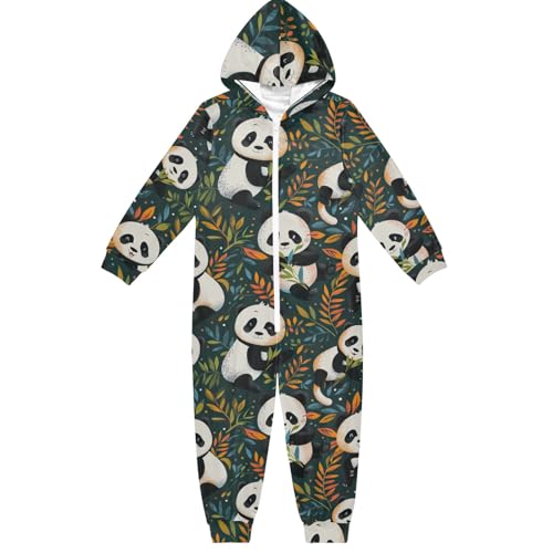 CHIFIGNO Unisex Kinder Kinder Einteiler Lustiger Hoodie Einteiler Jumpsuits Urlaub Cosplay Kostüm für Herbst Winter, Niedliche Cartoon-Pandas und Blätter, 5-6 Jahre von CHIFIGNO